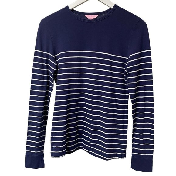 LILLY PULITZER Womens Top Small Navy Stripe Long Sleeve Tee Cotton Nautical - Picture 1 of 8